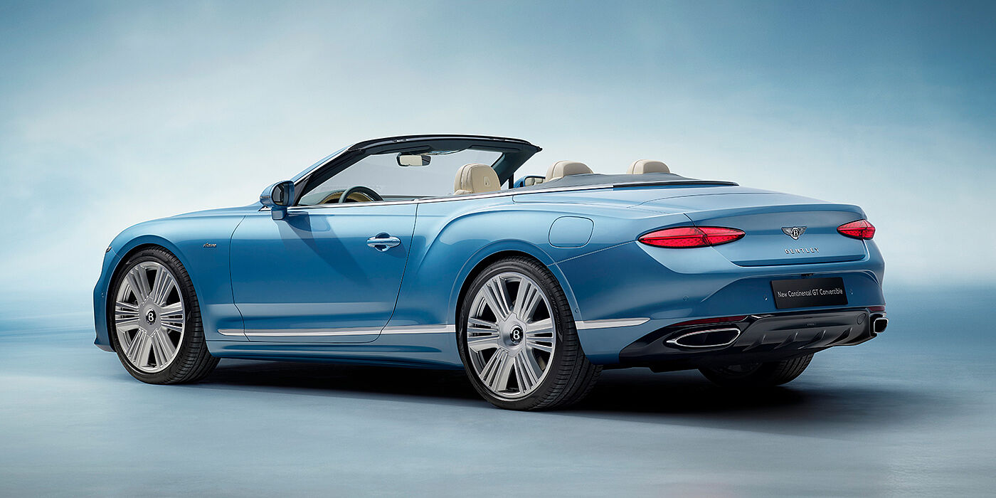 Bentley Hyderabad New Bentley Continental GTC Azure convertible rear view in Light Windsor blue paint with 22 inch ten spoke wheels and chrome exterior details