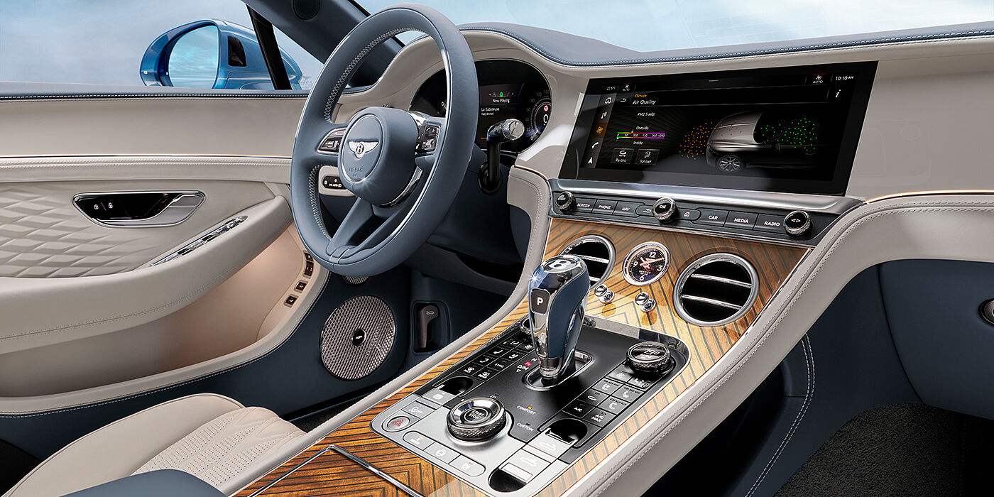 Bentley Hyderabad New Bentley Continental GTC Azure convertible interior front cabin view with Linen and Brunel hides and Piano Linen by Mulliner veneer featuring centre console and centre MMI screen
