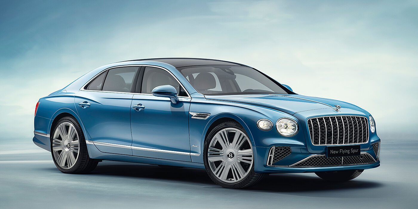 Bentley Hyderabad New Bentley Flying Spur Azure sedan front view in Light windsor blue by Mulliner paint with 22 inch Azure wheels and chrome exterior details