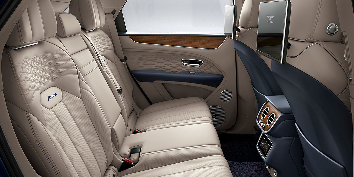 Bentley Hyderabad Bentey Bentayga Azure interior view for rear passengers with Portland hide and Rear Seat Entertainment. 