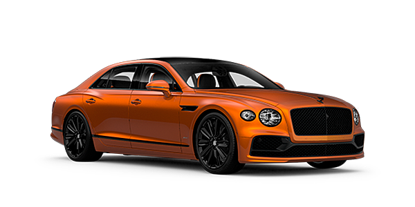 Bentley Hyderabad Bentley Flying Spur Speed front side angled view in Orange Flame coloured exterior. 